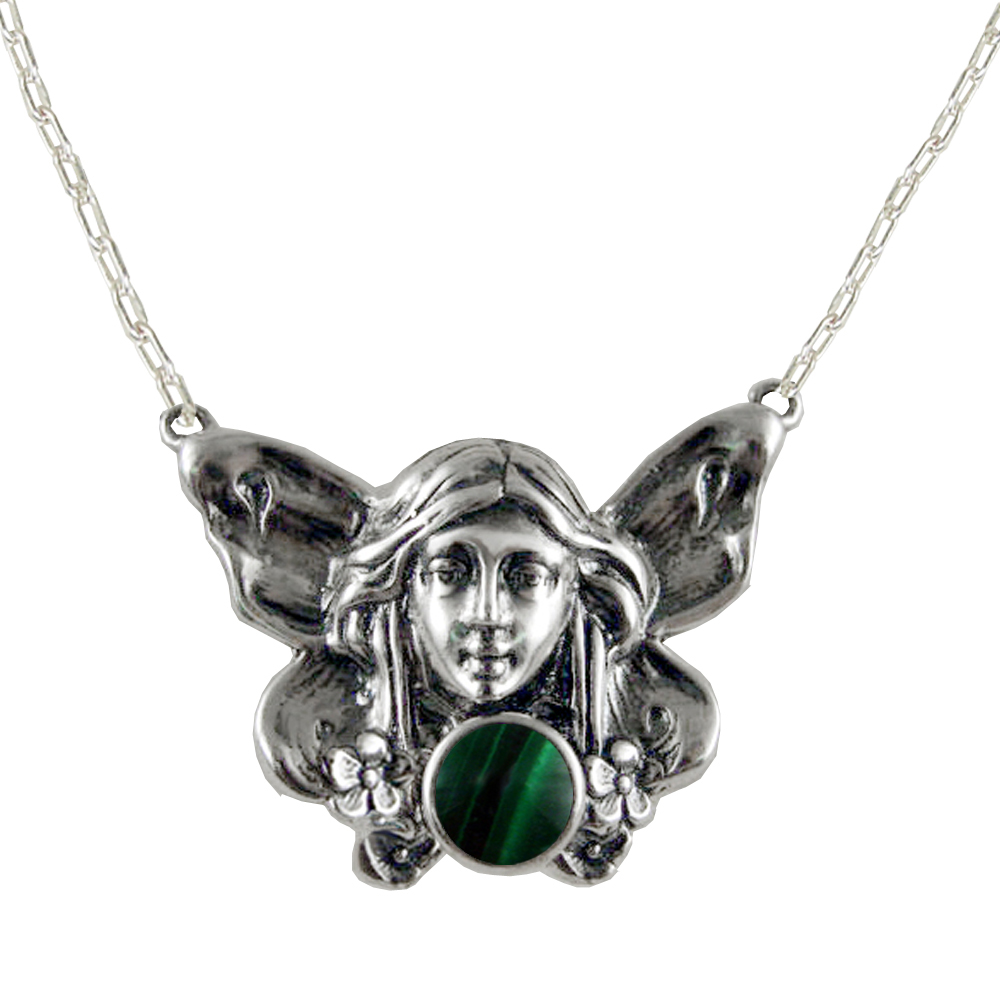 Sterling Silver Victorian Winged Fairy Necklace With Malachite